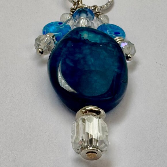 Necklace handmade 3 tier dangle silver turqoise clear crystal glass beads OOAK - Picture 3 of 5